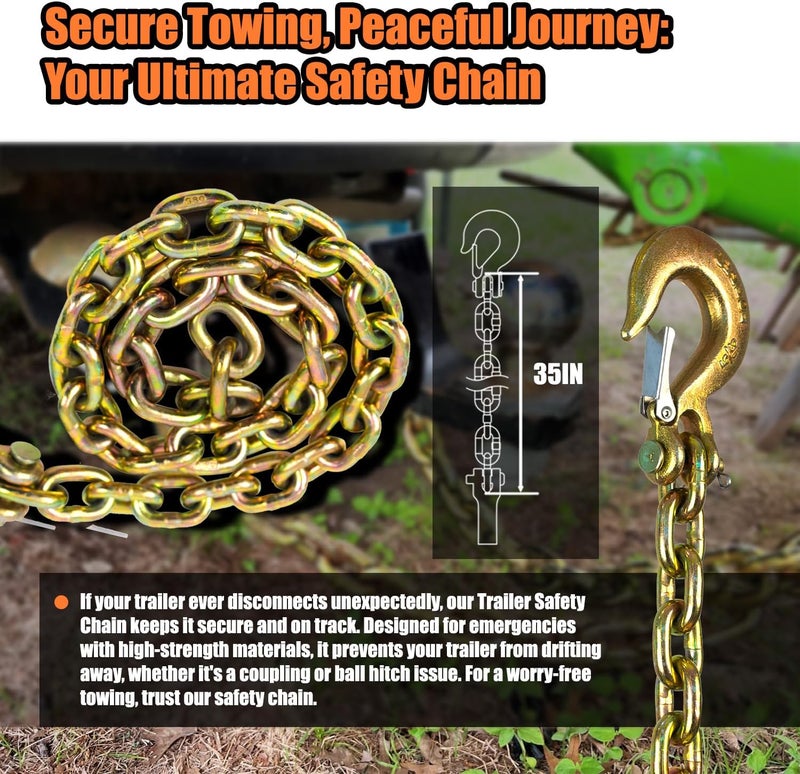 TKK 2-Pack Trailer Safety Chain - 35 Inch Chain with 5/16'' Clevis Snap Hook and Retainer | 21,000 lbs Break Strength | Secure Towing Transport Chains - Image 4